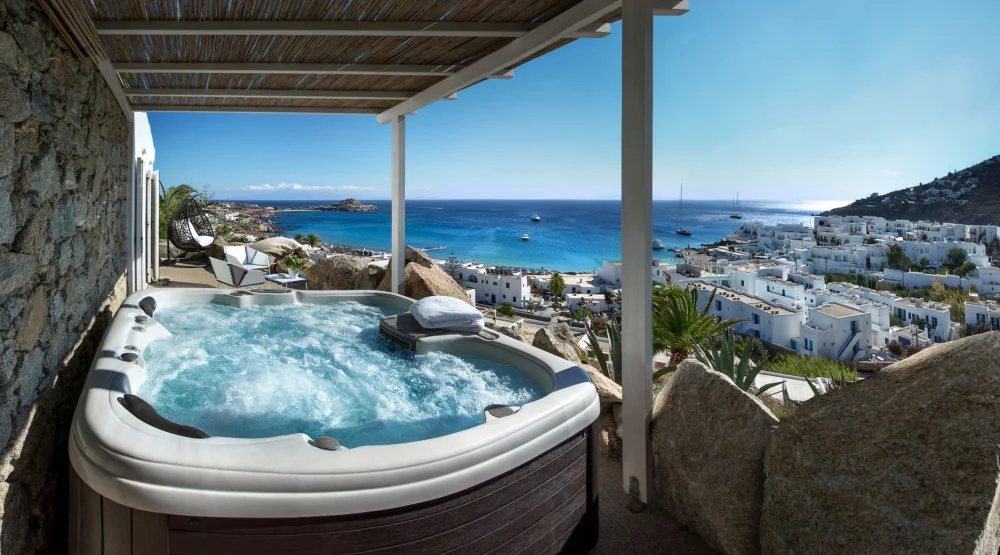 Passion Suite with Private Jacuzzi & Sea View at Myconian Ambassador Relais & Chateaux Hotel