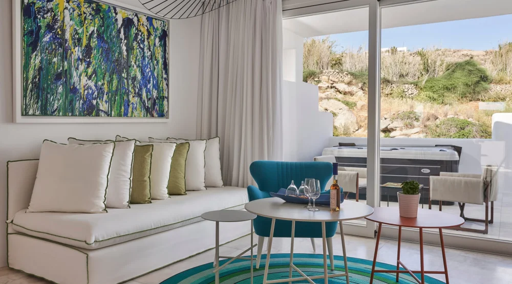 White Bliss with Private Jacuzzi & Inland View at Myconian Ambassador Relais & Chateaux Hotel