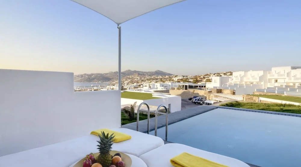 Oria Superior Room with Semi-private Pool & Side Sea View at Myconian Korali Relais & Chateaux Hotel