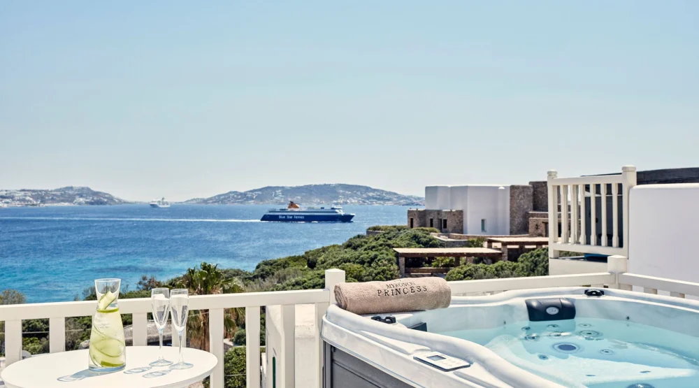 Honeymoon Outdoor Hot Tub Sea View Suite at Mykonos Princess