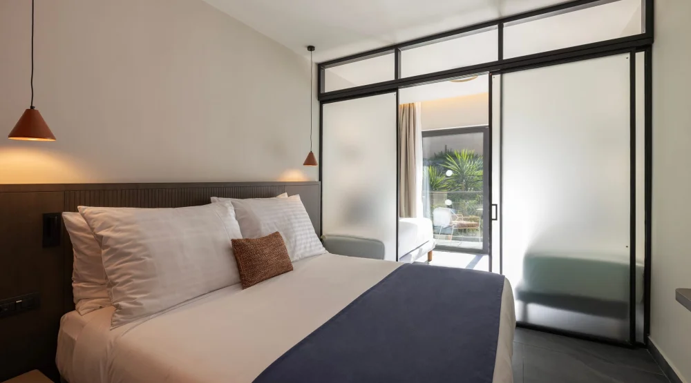 Family Room with Bunk Beds and Sliding Door Inland View at Valmar Corfu