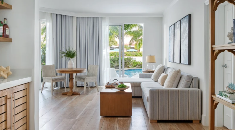 West Bay One Bedroom Swim-up Butler Suite with Patio Tranquility Soaking Tub at Sandals Royal Bahamian