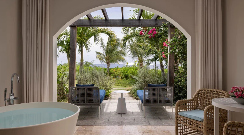 Melemele Club Level Walkout Junior Suite with Patio Tranquility Soaking Tub at Sandals Royal Curacao
