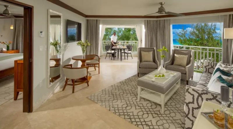 Beachfront One Bedroom Butler Suite with Balcony Tranquility Soaking Tub at Sandals Barbados