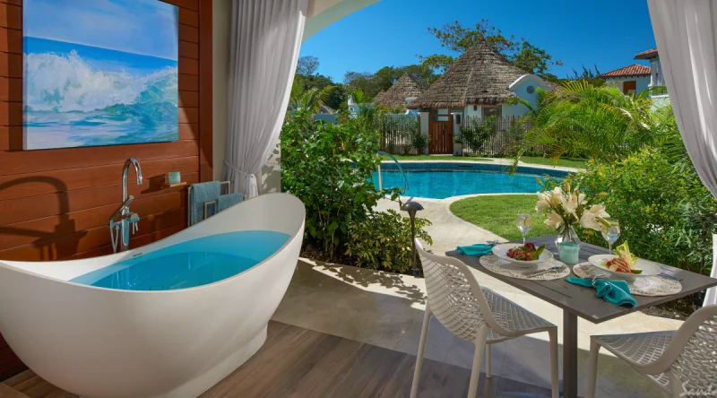 South Seas Walkout Crystal Lagoon Club Level Junior Palm Suite with Patio Tranquility Soaking Tub at Sandals Royal Barbados