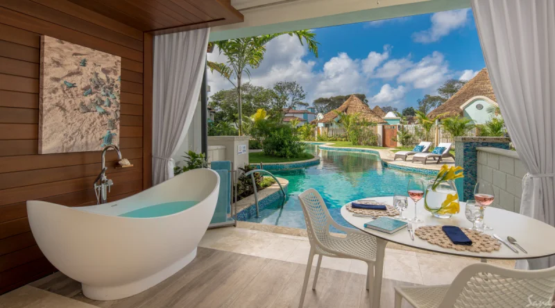 South Seas Swim-up Club Level Ultra Suite with Patio Tranquility Soaking Tub at Sandals Royal Barbados