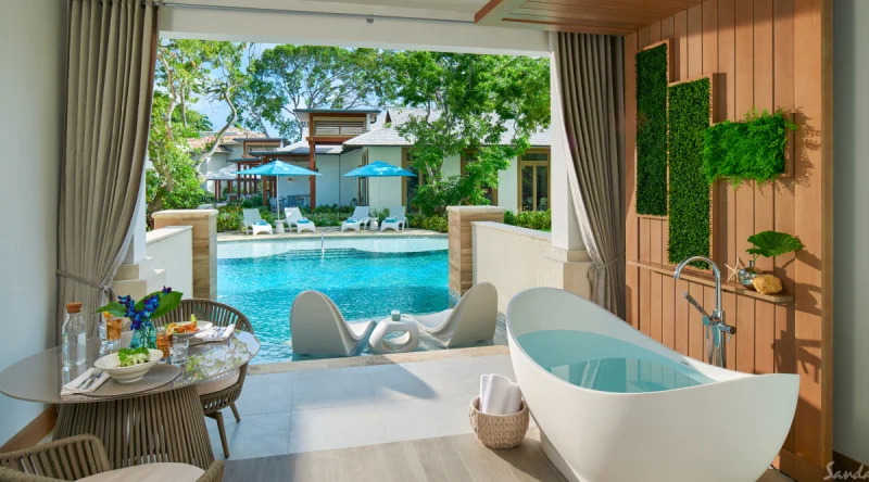 South Seas Hideaway Crystal Lagoon Swim-up Oversized Butler Suite with Patio Tranquility Soaking Tub at Sandals Royal Barbados