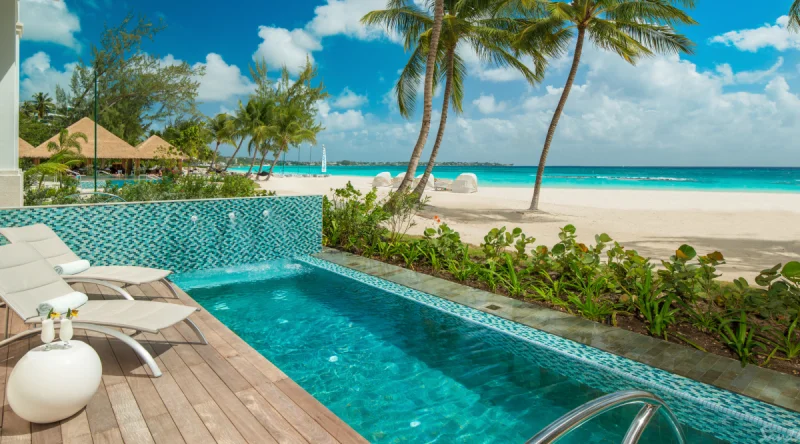 Beachfront Prime Minister One Bedroom Butler Suite with Private Pool and Patio Soaking Tub at Sandals Royal Barbados