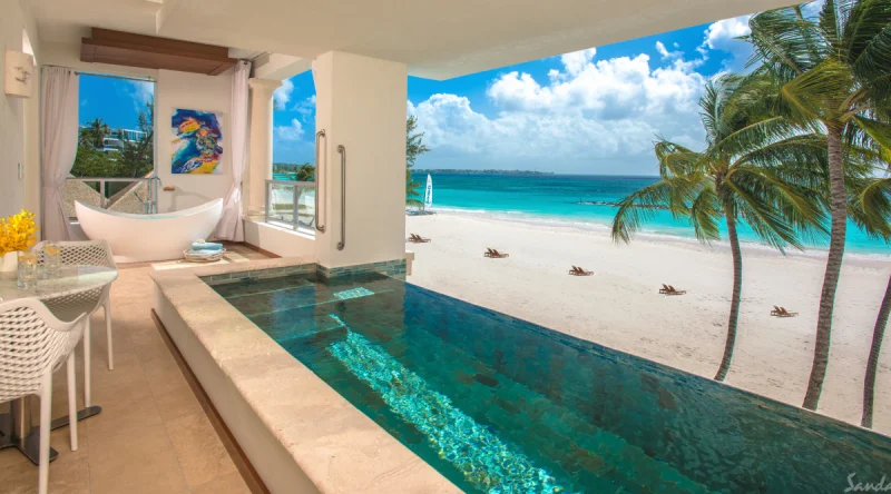 Beachfront One Bedroom Skypool Butler Suite with Balcony Tranquility Soaking Tub at Sandals Royal Barbados