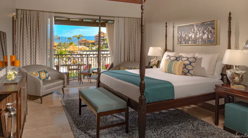 South Seas Waterfall River Pool Junior Suite with Balcony Tranquility Soaking Tub at Sandals Grenada